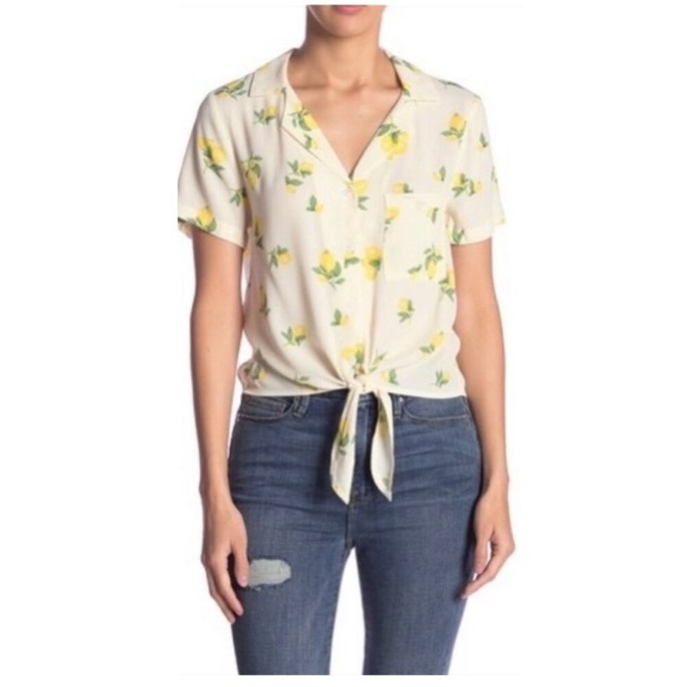 Elodie Cream Tie-Front Lemon Print Crop Top